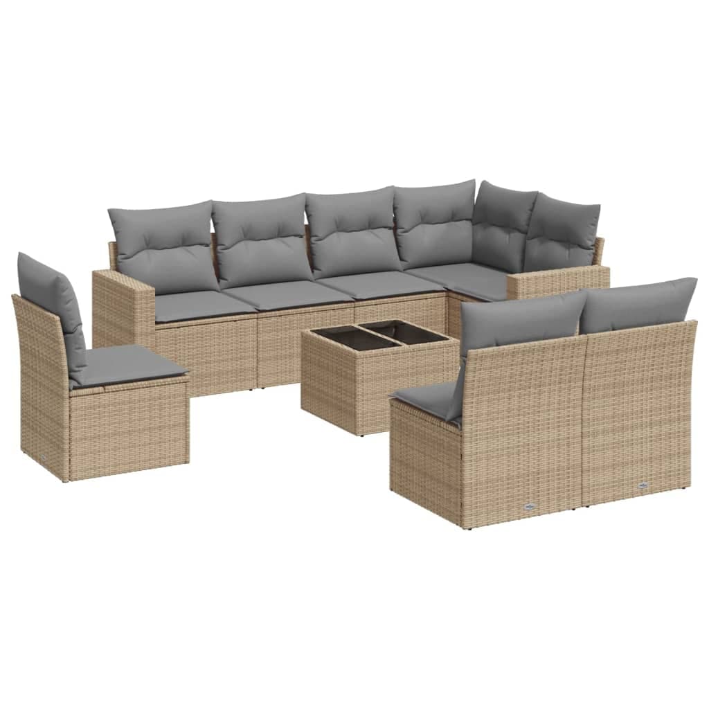 vidaXL 9 pcs conjunto de sofás p/ jardim com almofadões vime PE bege