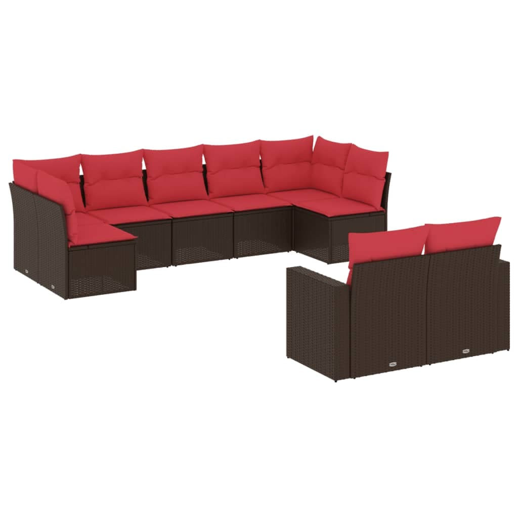 vidaXL 9 Peças Conjunto Sofás para Jardim com Almofadões Vime Pe Castanho - 1203244079