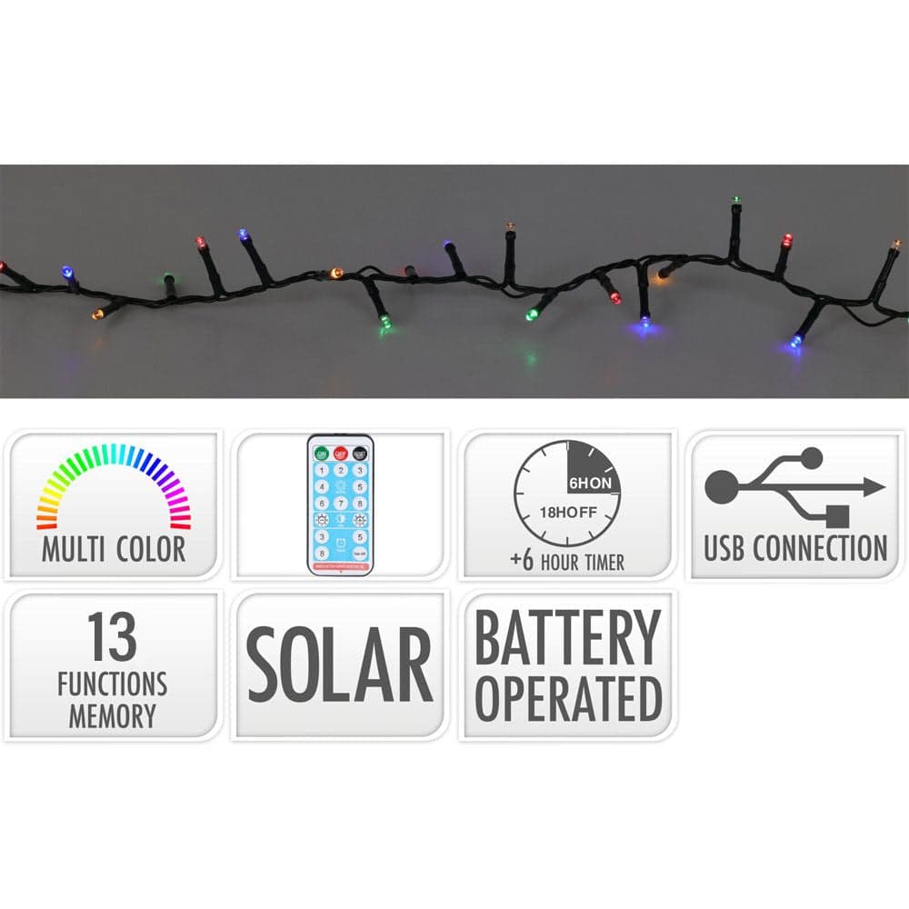 GUIRLANDA LED, 200 LEDS, 8 FUNÇÕES DE PISCO MULTICOLOR, IP44, SOL