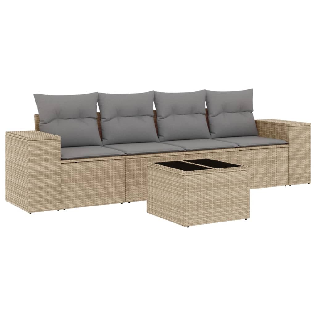 vidaXL 5 Peças Conjunto de Sofás para Jardim com Almofadões Vime Pe Bege - 2264241331