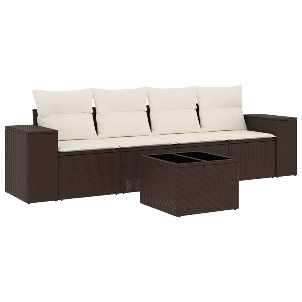 vidaXL 5 Peças Conjunto Sofás para Jardim com Almofadões Vime Pe Castanho - 1988952263