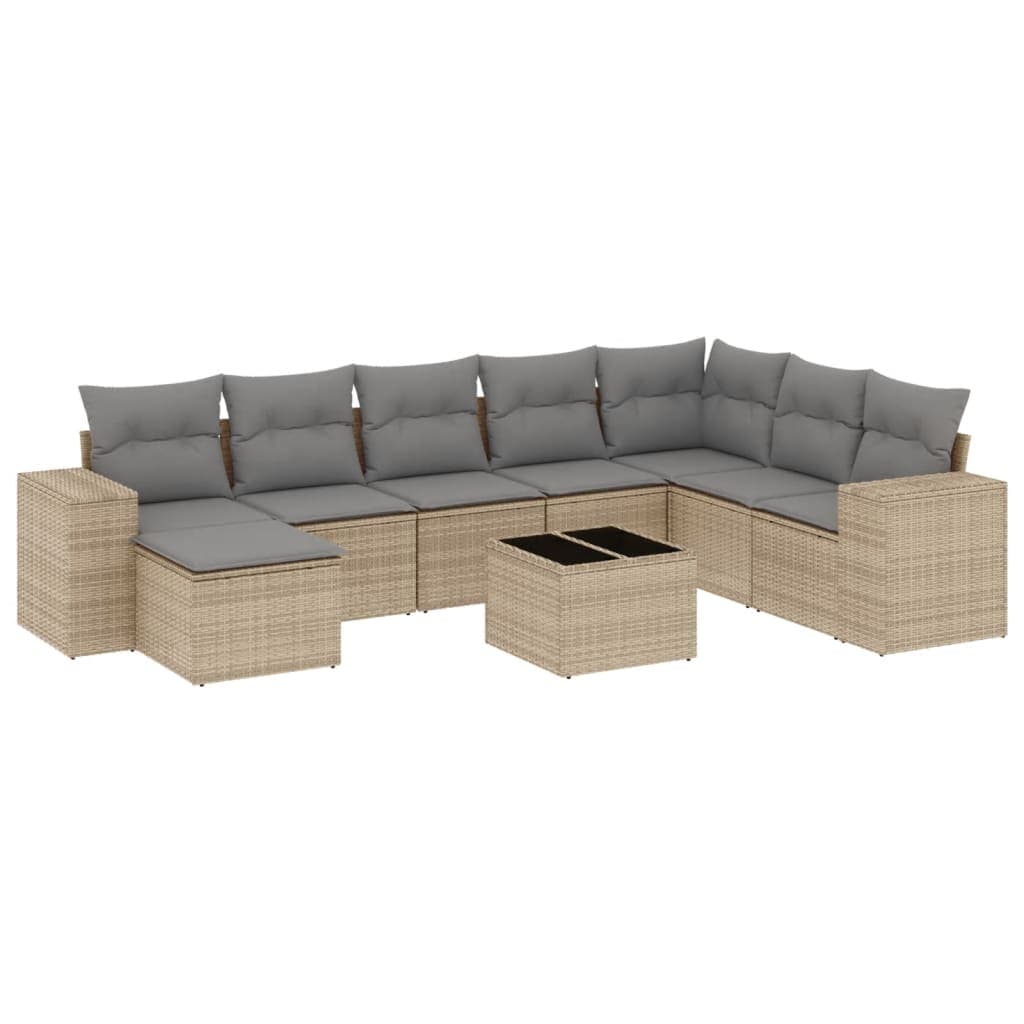 vidaXL 9 pcs conjunto de sofás p/ jardim com almofadões vime PE bege