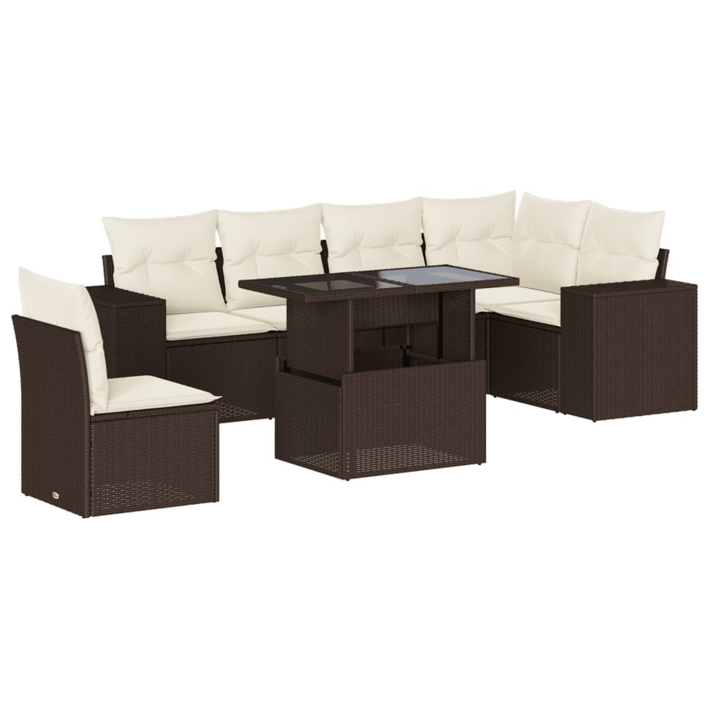 vidaXL 7 Peças Conjunto de Sofás Jardim com Almofadões Vime Pe Castanho - 1986660463