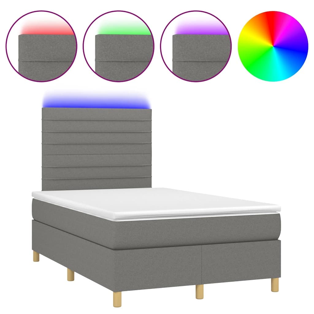 vidaXL Cama Box Spring com Colchão e LED 120x190 cm Tecido Cinza-escuro - 3574665139