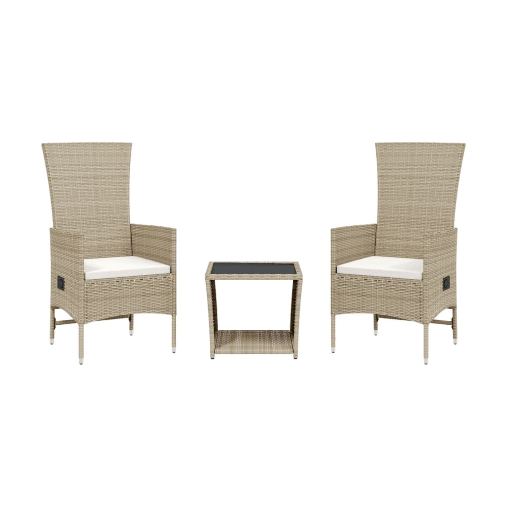 vidaXL 3 pcs conjunto de jantar p/ jardim com almofadões vime PE bege