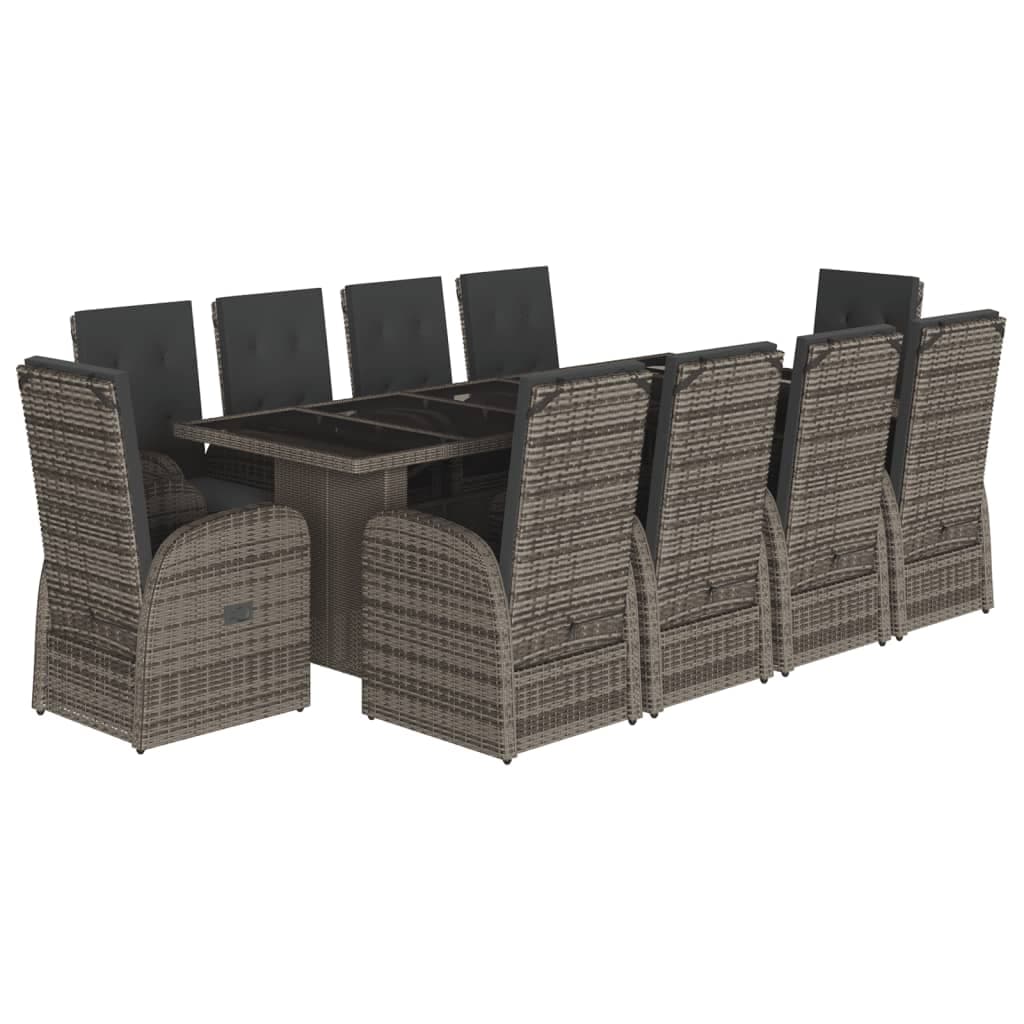 vidaXL 11 pcs conjunto jantar p/ jardim c/ almofadões vime PE cinzento