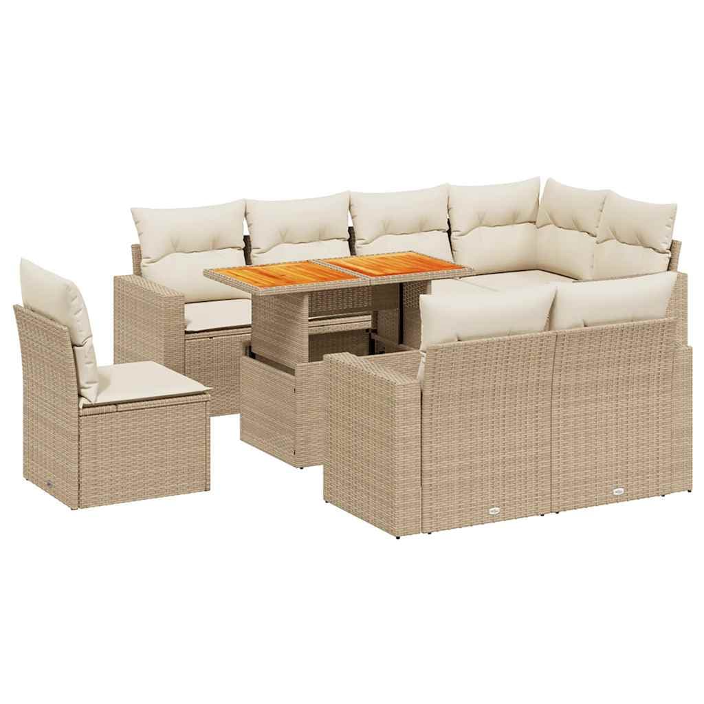 vidaXL 9 Peças Conjunto de Sofás para Jardim com Almofadões Vime Pe Bege - 501328906