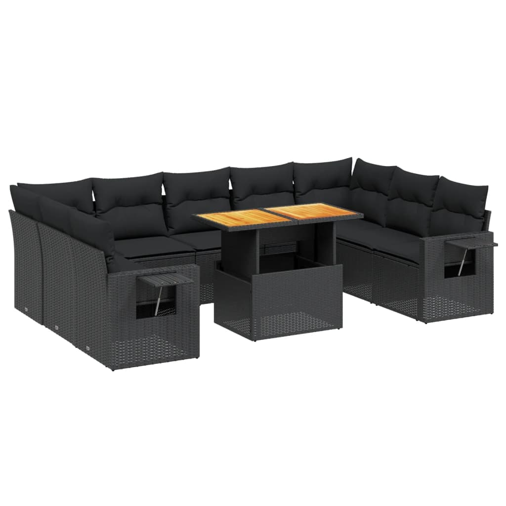 vidaXL 10 pcs conjunto sofás de jardim c/ almofadões vime PE preto