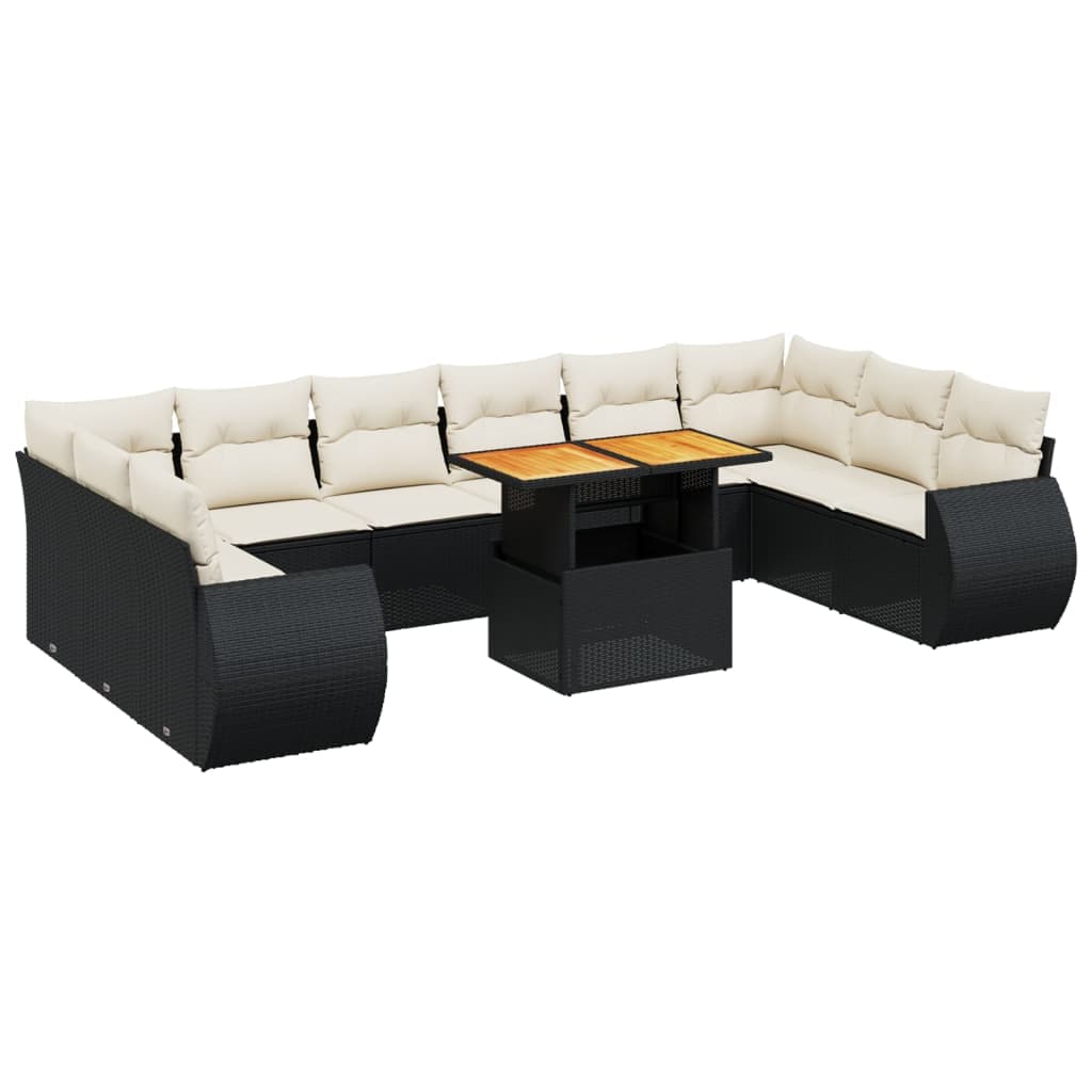 vidaXL 11 Peças Conjunto Sofás de Jardim com Almofadões Vime Pe Preto - 586206810