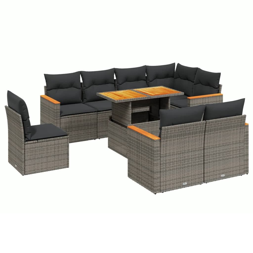 vidaXL 9 pcs conjunto sofás p/ jardim com almofadões vime PE cinzento