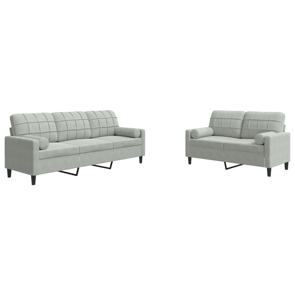 vidaXL 2 pcs conjunto sofás com almofadões e rolos veludo cinza-claro