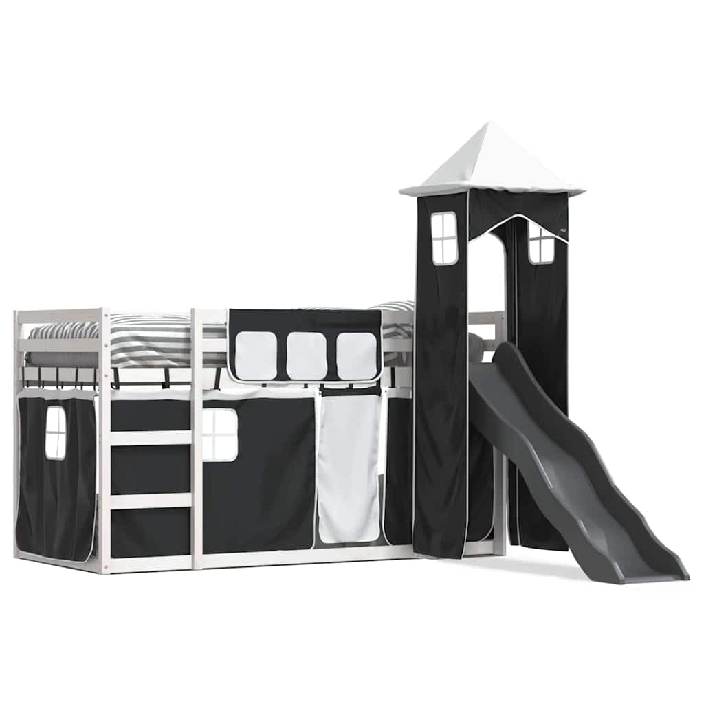 vidaXL Beliche com Escorrega e Cortinas 90x200 cm Branco e Preto - 112855791