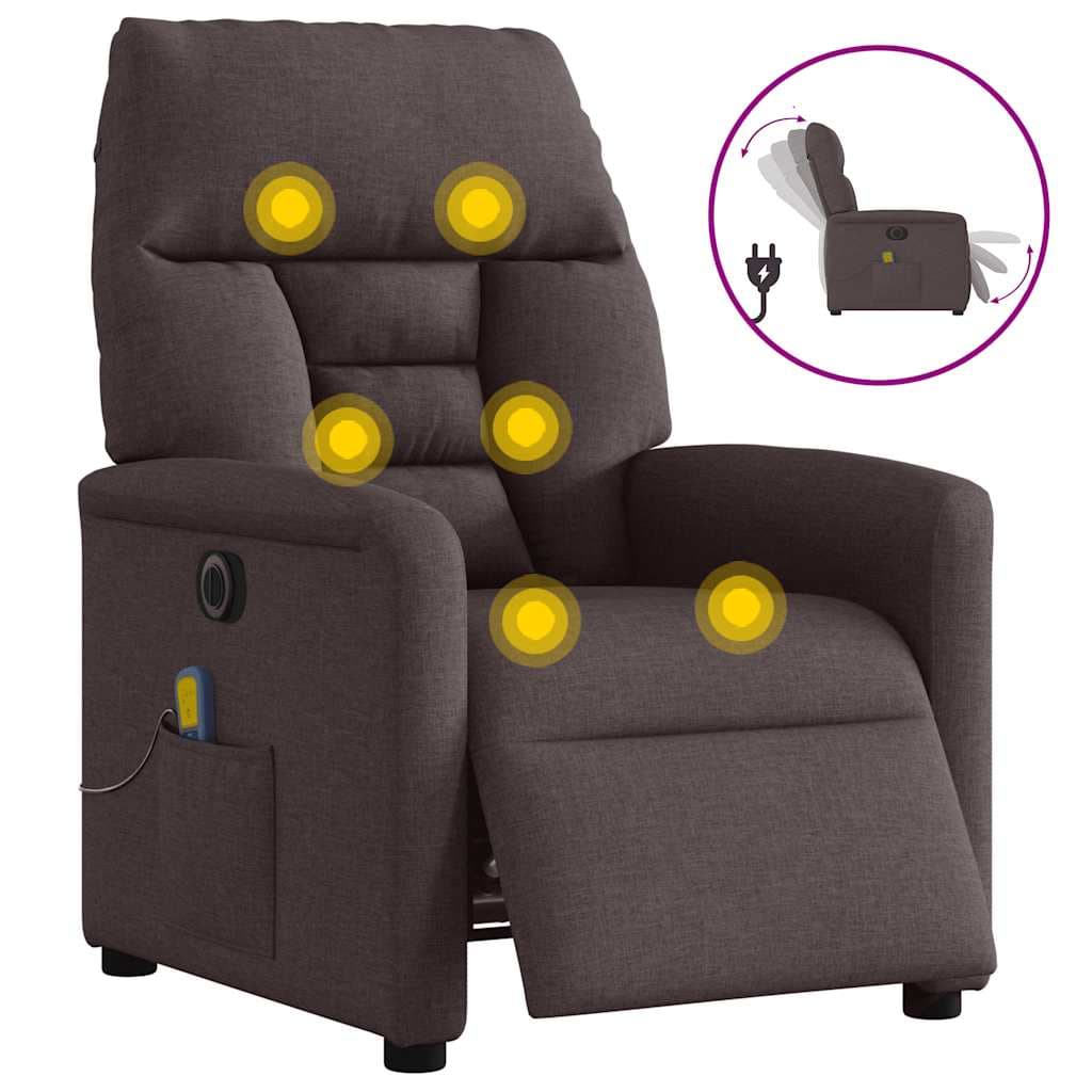 vidaXL Poltrona reclinável massagens elétrica tecido castanho-escuro
