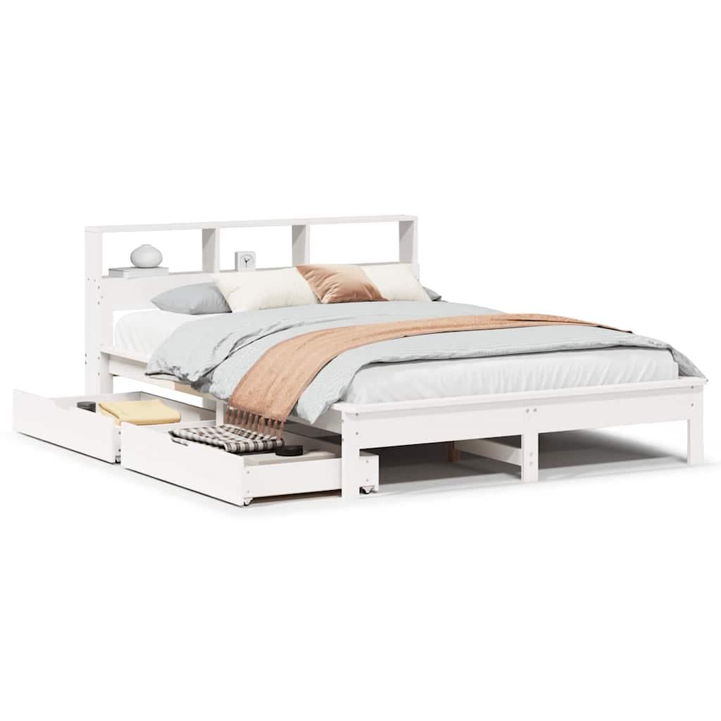 vidaXL Cama com estante sem colchão 135x190 cm pinho maciço branco
