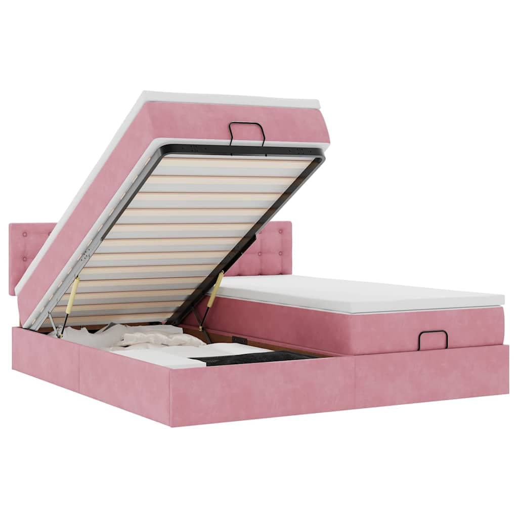 Moldura de Cama Otomana vidaXL com Colchão Rosa 200x200cm Veludo - 107560236