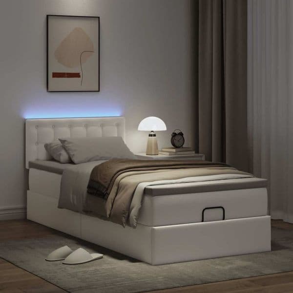 vidaXL Estrutura de Cama Otomana com Colchão 80x200 cm Branco Puro - 3899087872