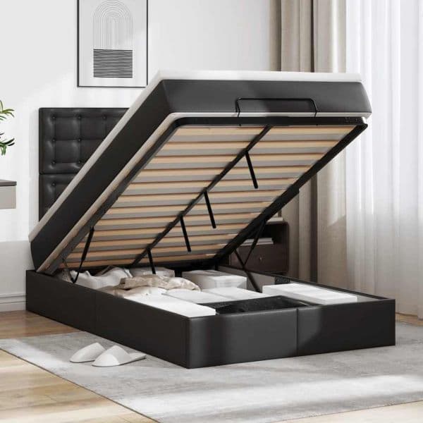 vidaXL Estrutura de Cama Otomana com Colchão Preto Couro Falso - 2421814998