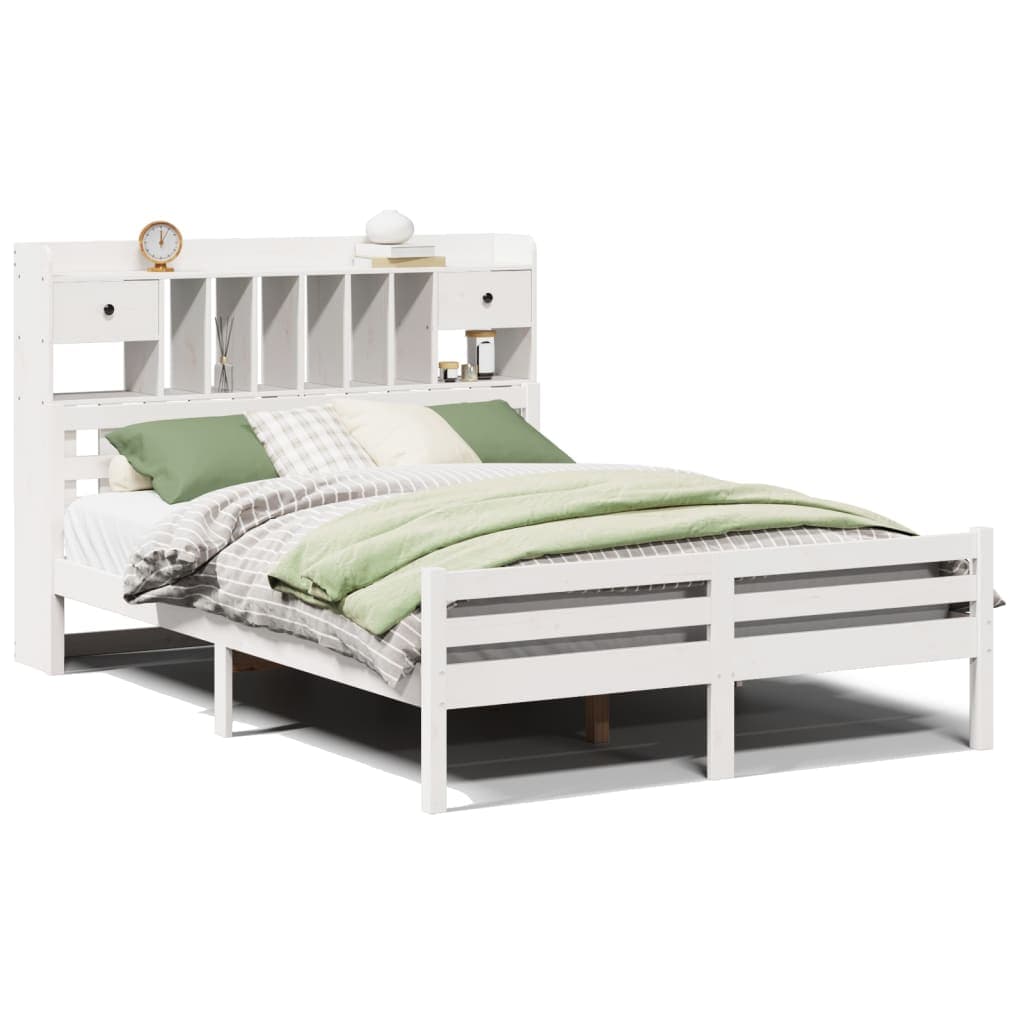 vidaXL Cama com estante sem colchão 150x200 cm pinho maciço branco
