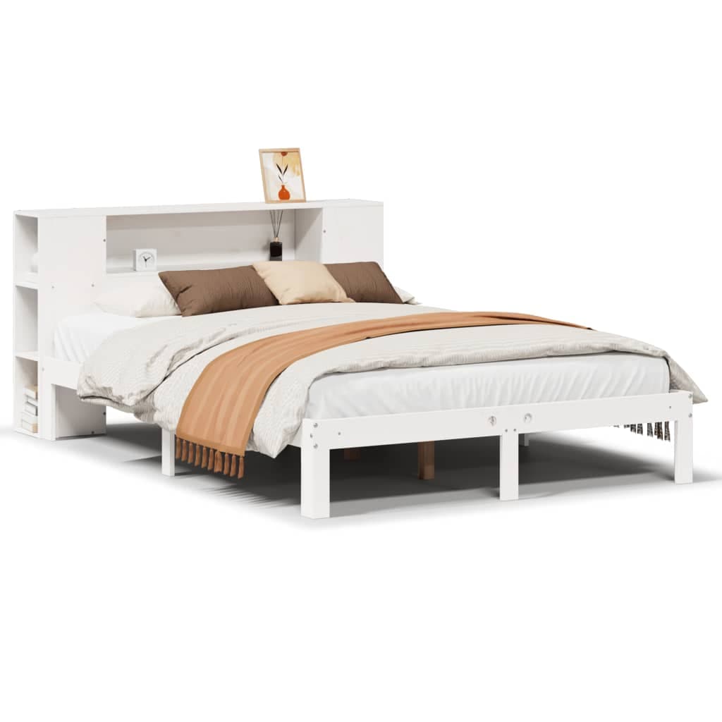 vidaXL Cama com estante sem colchão 160x200 cm pinho maciço branco