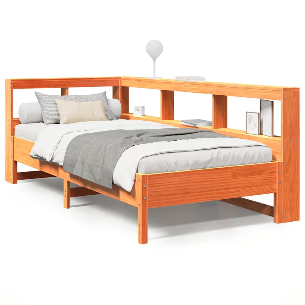 vidaXL Cama com estante sem colchão 90x200cm pinho maciço castanho-mel
