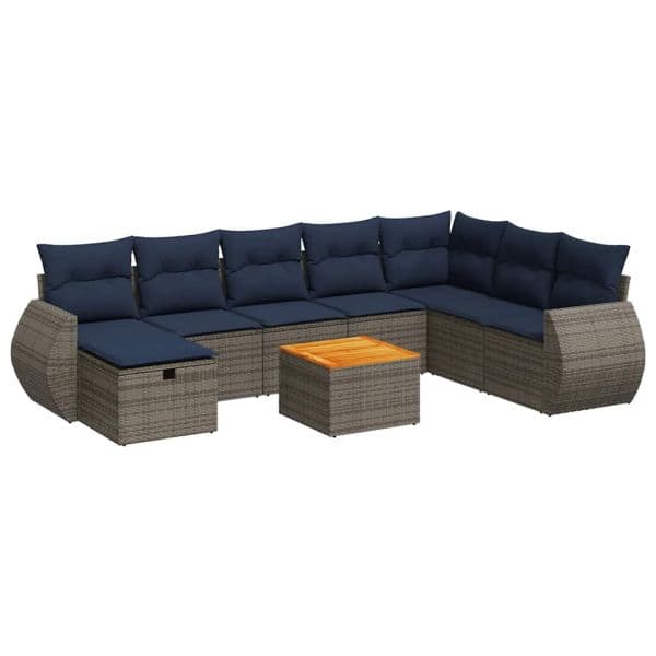 vidaXL 9 Peças Conjunto Sofás para Jardim com Almofadões Vime Pe Cinzento - 782946420