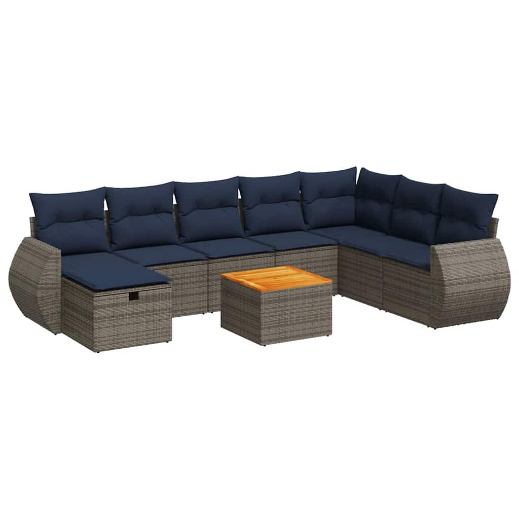 vidaXL 9 Peças Conjunto Sofás para Jardim com Almofadões Vime Pe Cinzento - 782946420
