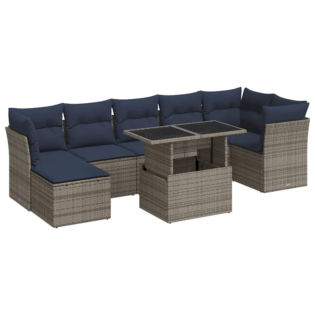 vidaXL 7 Peças Conjunto Sofás Jardim Almofadões Vime Pe/acácia Cinzento - 1741839818