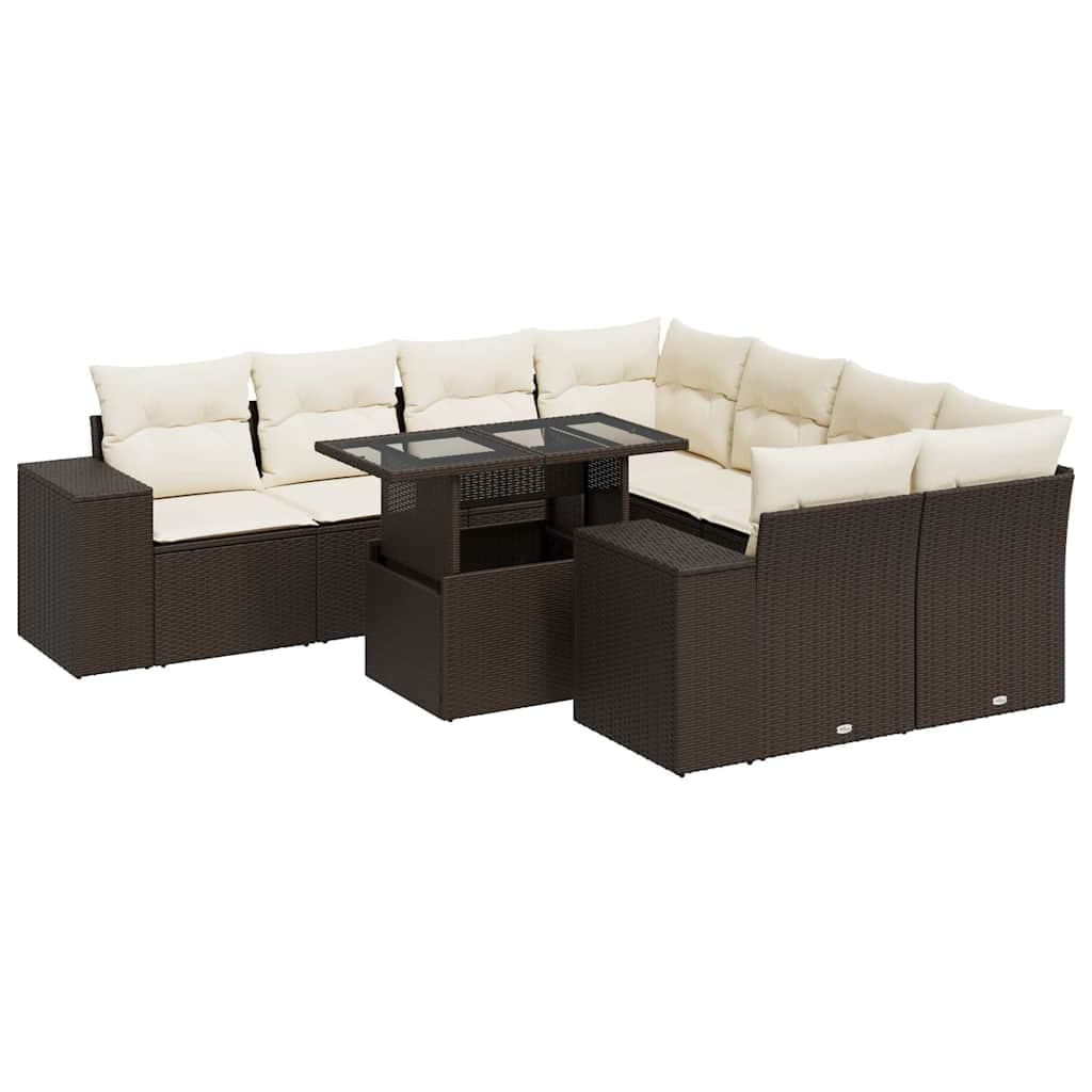 vidaXL 9 Peças Conjunto Sofás para Jardim com Almofadões Vime Pe Castanho - 3342576851