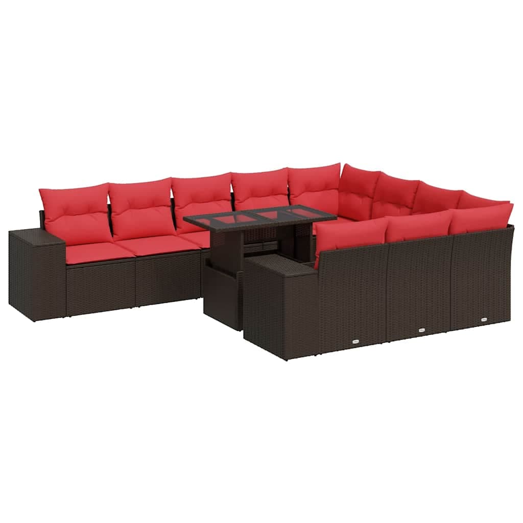vidaXL 11 Peças Conjunto Sofás Jardim com Almofadões Vime Pe/acácia Castanho - 3143687032
