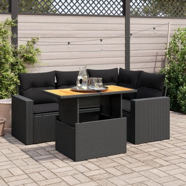 vidaXL 5 Peças Conjunto Sofás de Jardim com Almofadões Vime Pe Preto - 432659502