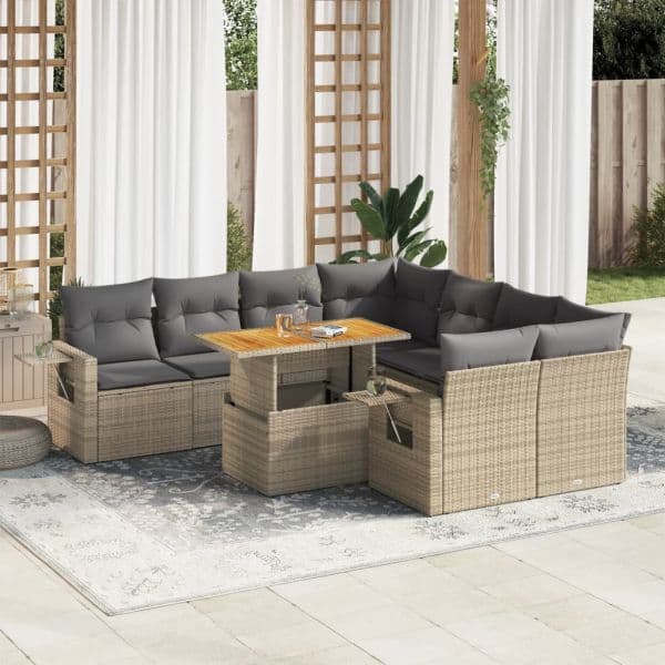 vidaXL 9 Peças Conjunto de Sofás para Jardim com Almofadões Vime Pe Bege - 4127577909