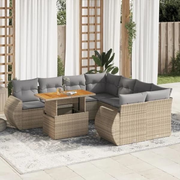 vidaXL 9 Peças Conjunto de Sofás para Jardim com Almofadões Vime Pe Bege - 1382111902