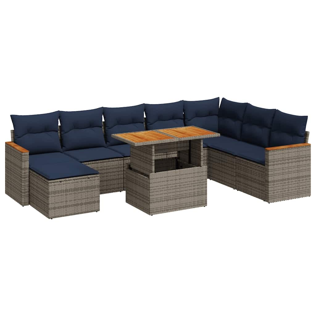 vidaXL 9 Peças Conjunto Sofás para Jardim com Almofadões Vime Pe Cinzento - 4017785521