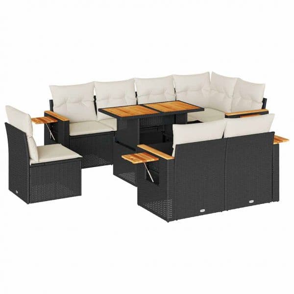 vidaXL 9 Peças Conjunto Sofás para Jardim Almofadões Vime Pe/acácia Preto - 3246170930