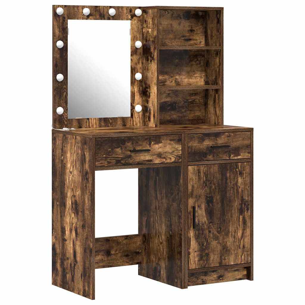 vidaXL Conjunto de Mesa de Maquiagem com LED 2 pcs Carvalho Defumado