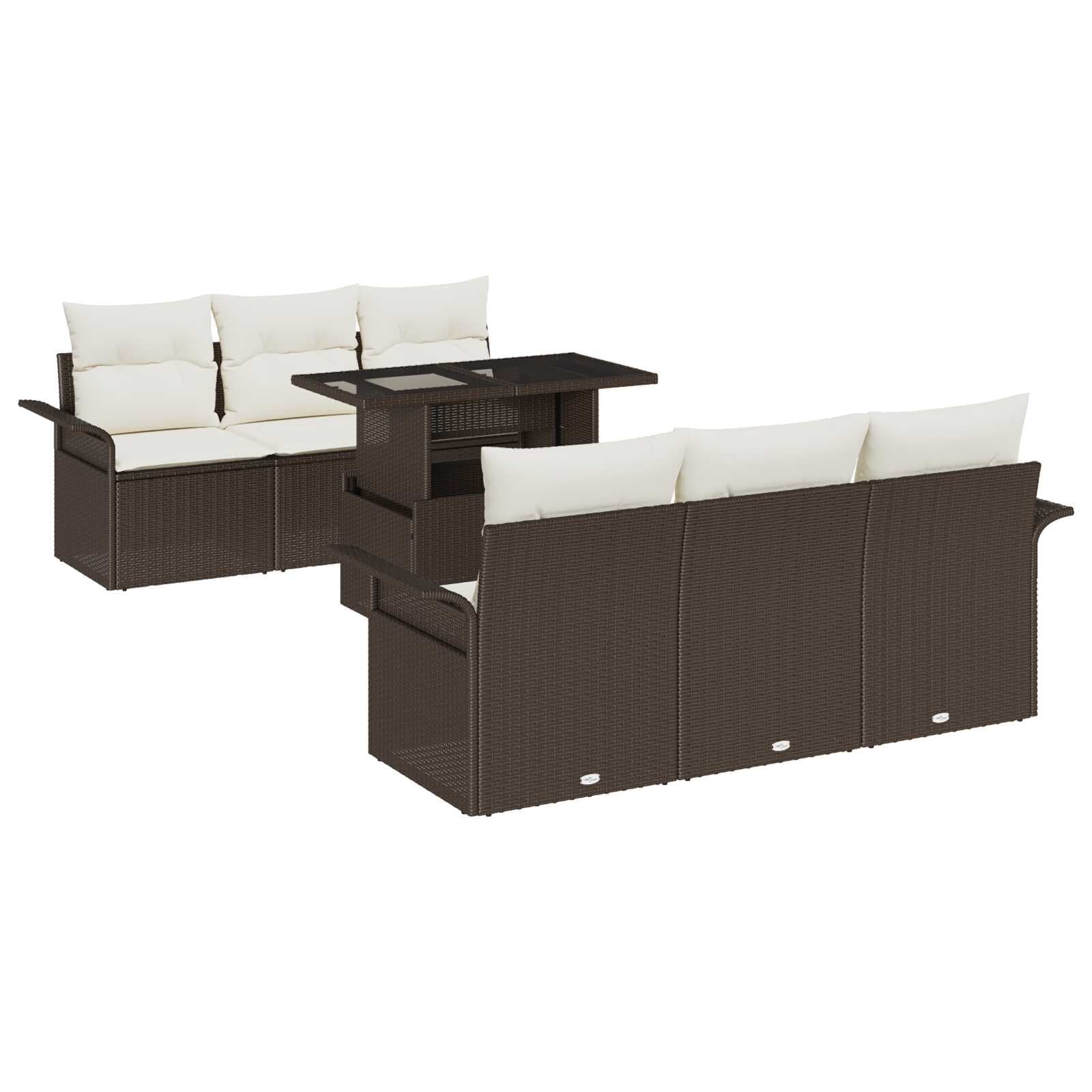 vidaXL Conjunto de Sofá de Jardim com Almofada 7 Peças Castanho Vime Pe - 3777919596