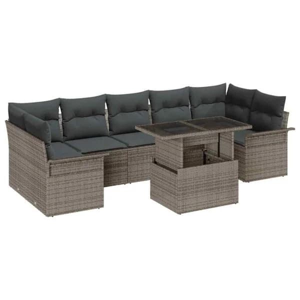 vidaXL Conjunto de Sofá de Jardim com Almofada 8 Peças Cinzeto Vime Pe - 3171162425