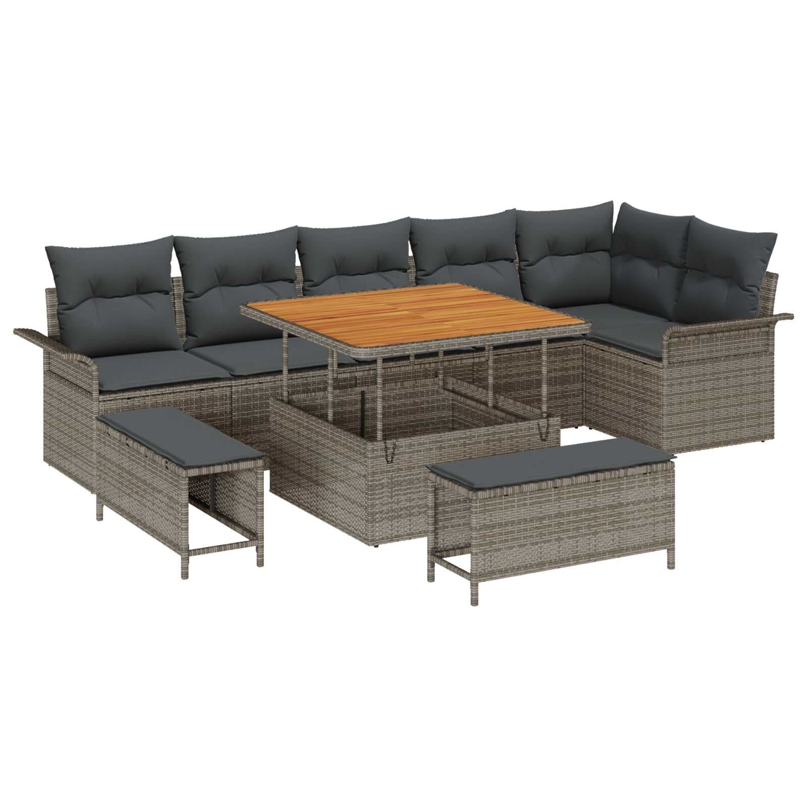 vidaXL Conjunto de Sofá de Jardim com Almofada 9 Peças Cinzeto Vime Pe - 2614099486