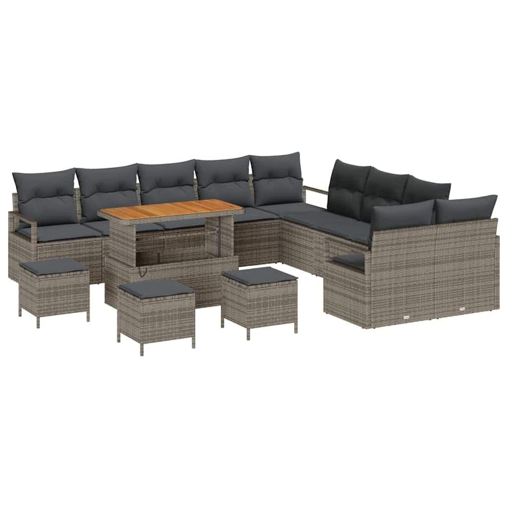 vidaXL Conjunto de Sofá de Jardim com Almofada 14 Peças Cinzeto Vime Pe - 3199922439
