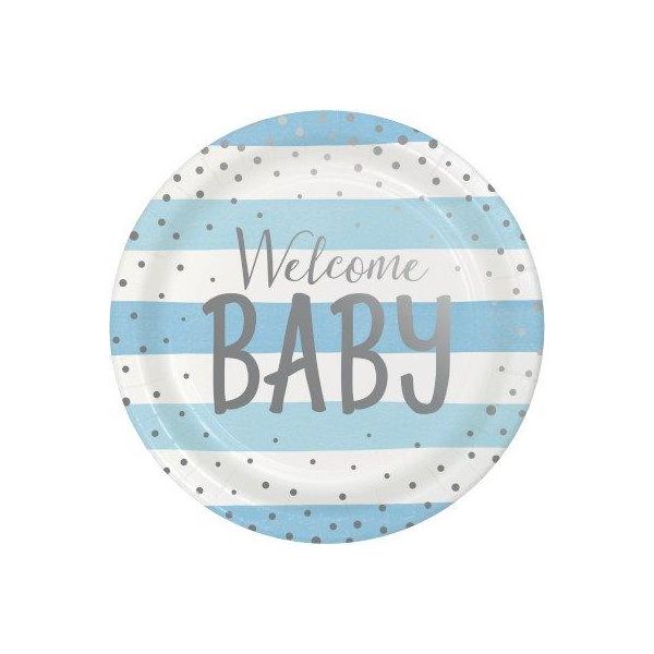 Creative Converting Pratos Blue Silver Celebration Welcome Baby 8 un. - 120346292