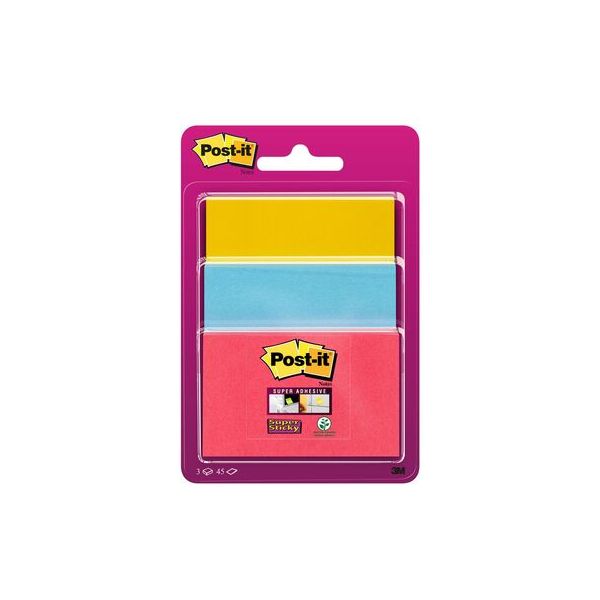 Post-it Bloco Super Sticky 47.6 x 76 mm + 76 x 76 mm + 76 x 101 mm Sortido 45 Fls Cada Pack 3 Un. - 340506