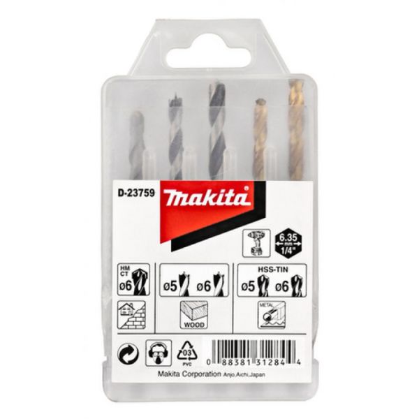Makita Conjunto Brocas 1/4´´, 5 Pcs | Madeira, Alvenaria, Metal, Pedra