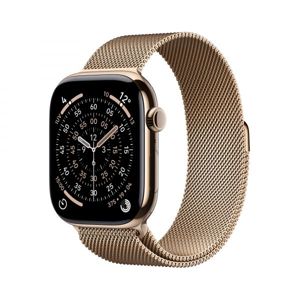 Apple Watch Series 11 GPS + Cellular 46mm Titânio Dourado c/ Bracelete Loop Milanesa Aço Inoxidável Dourada M/L