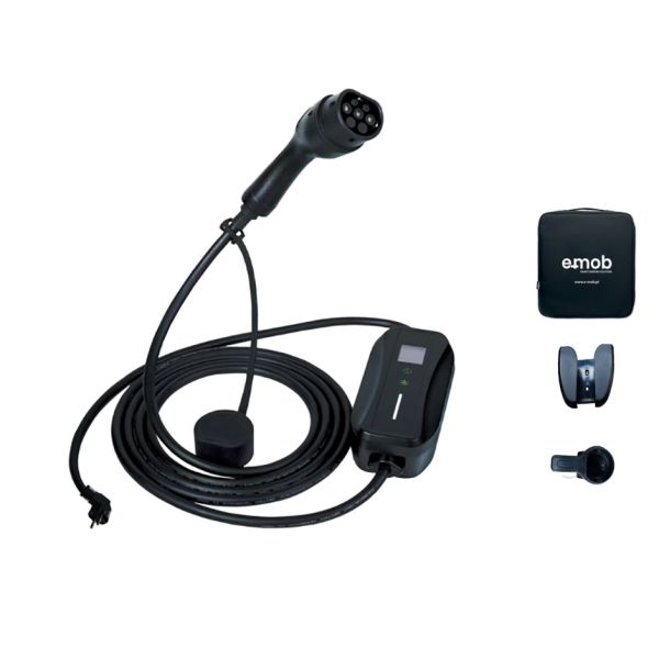 E-MOB Carregador Portátil 3,5kW 1PH 16A schuko com 8,5m cabo T2 + Bolsa + Suporte Parede + Suporte Tomada