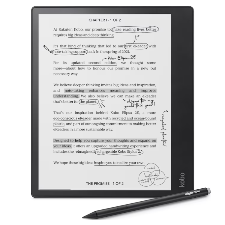 Bundle eReader Kobo Elipsa 2E 8" 32GB Wi-Fi Preto + Caneta Kobo Stylus 2