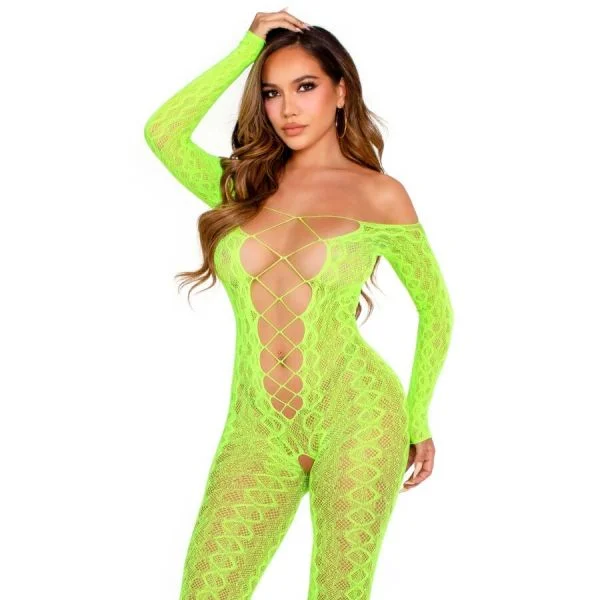 Leg Avenue Bodystocking Crotchless Snake Lace Neon Green Tamanho único - D-243083