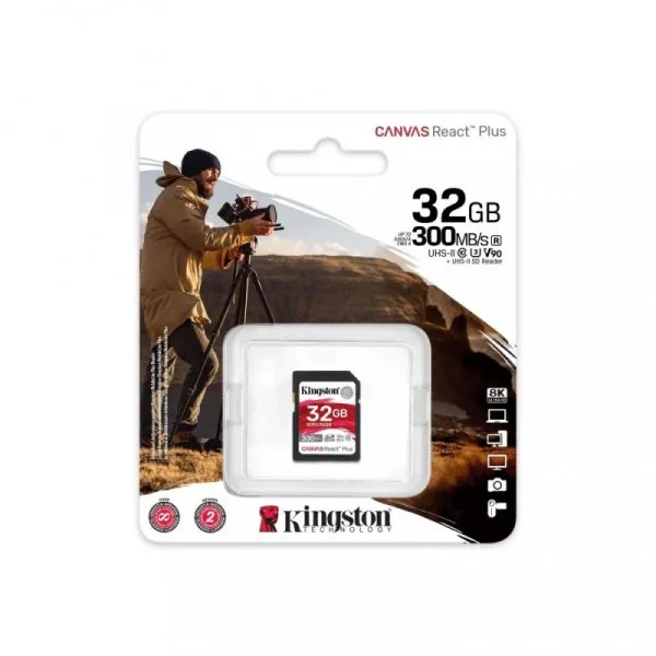 Kingston 32GB Secure Digital Class10 (U3) 8K 300/260MB/s Canvas React Plus - SDR2/32GB