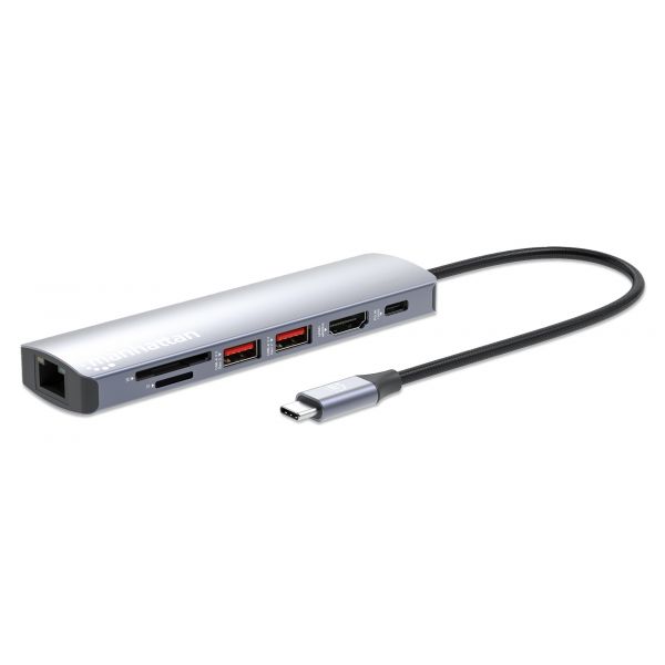 Manhattan Estação de Acoplamento USB-C 7-em-1 4K HDMI USB-A USB-C RJ45 MicroSD SD com Power Delivery 100W