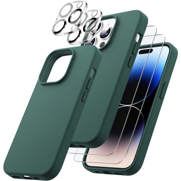 Capa Silicone Verde para iPhone 15 Pro com 2 Película Vidro Temperado 2 Película Camera