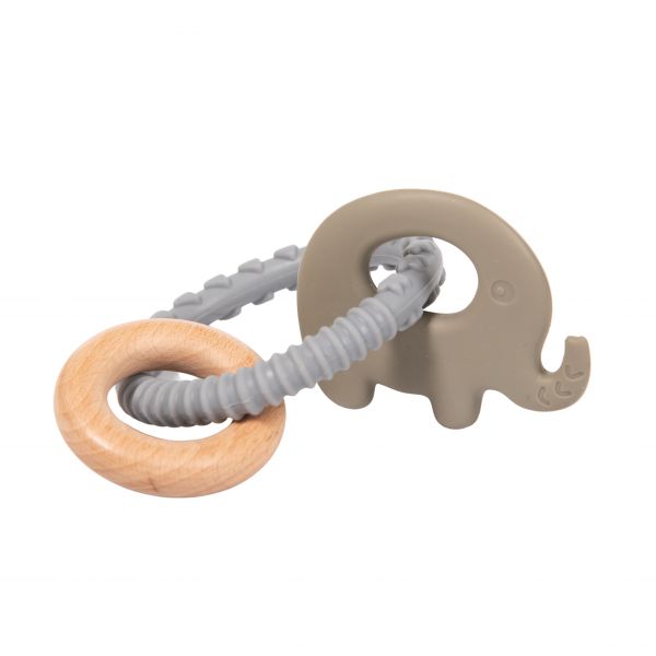 Bo Jungle Mordedor Elefante Silicone Azul com Argola Madeira 0m+